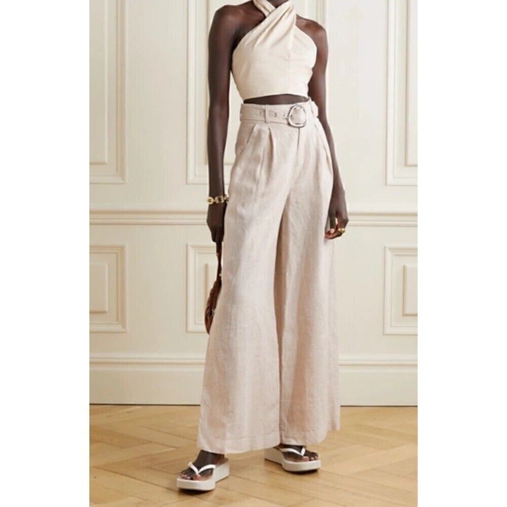 STAUD Eris Belted Linen Wide-leg Pants Cropped In Beige sz 14